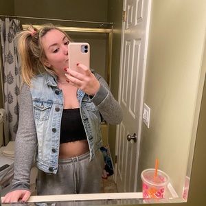 denim jacket with sweatshirt sleeves/hood